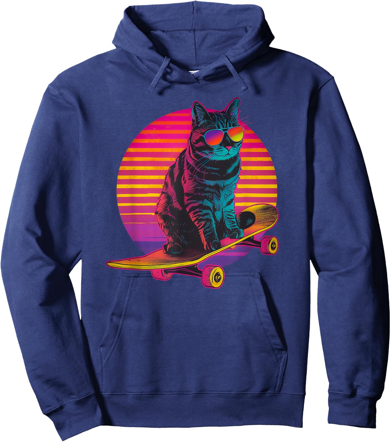 Retro Cat on Skateboard Retro Sunset Women Girls Kids Hoodie - Hoodie | Navy