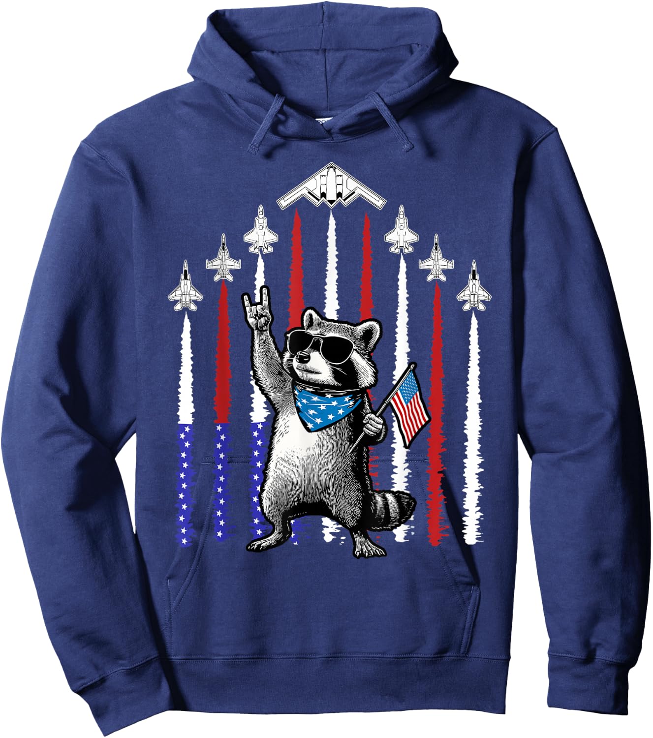 4th of July USA Flag Fighter Jets Raccoon Funny Patriotic Hoodie - Hoodie | Navy