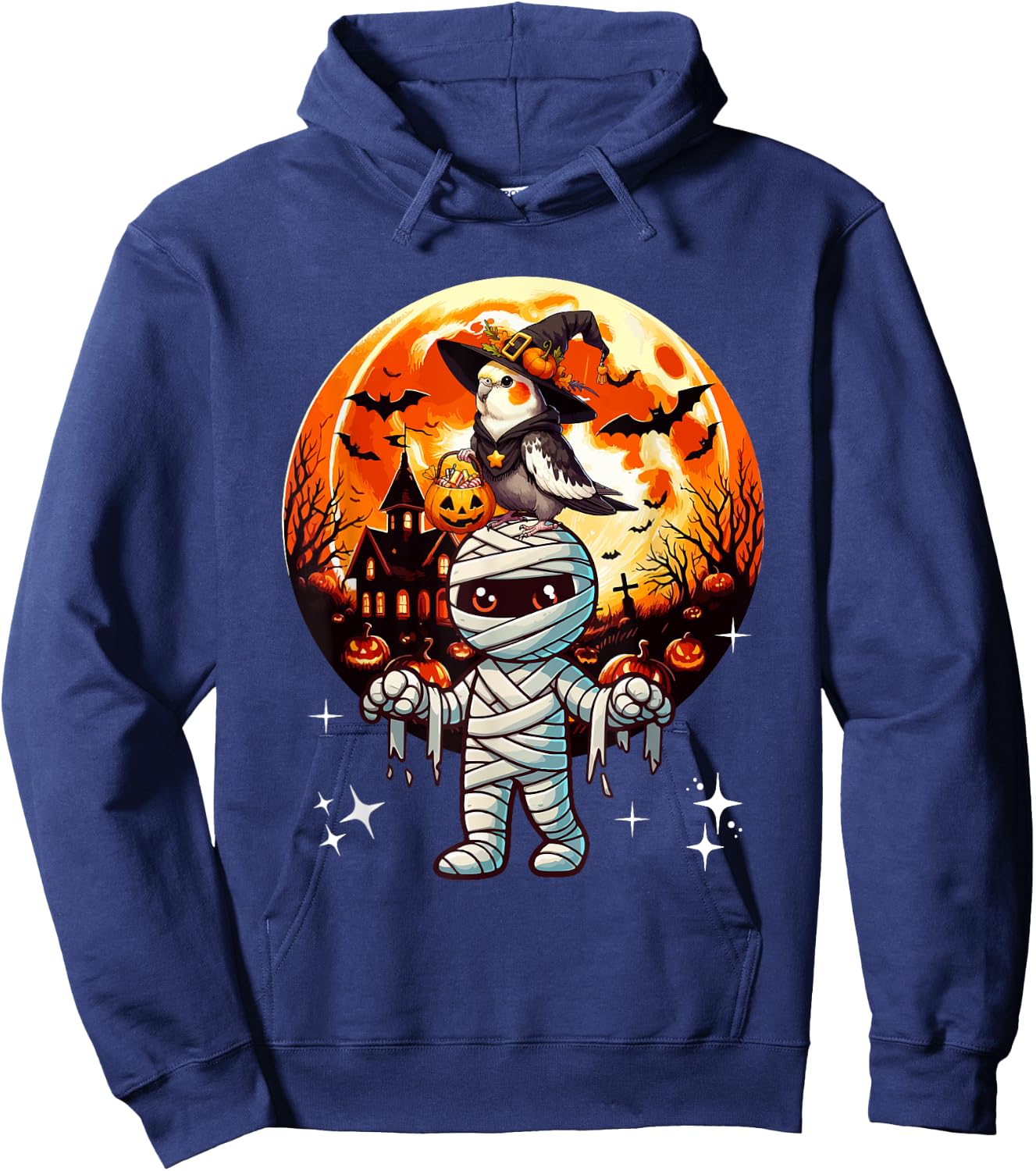 Cockatiel As Witch On Mummy Halloween Candies Basket Pumpkin Hoodie - Hoodie | Navy