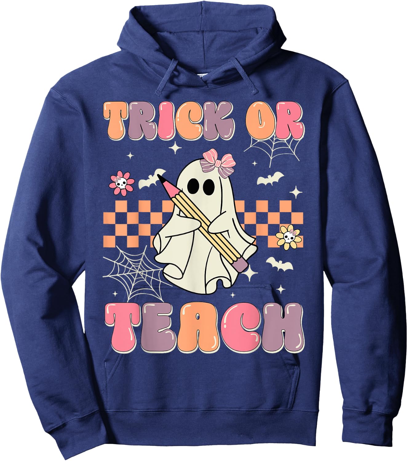 Funny Halloween Teachers Trick Or Teach Groovy Ghost Women Kids Hoodie - Hoodie | Navy