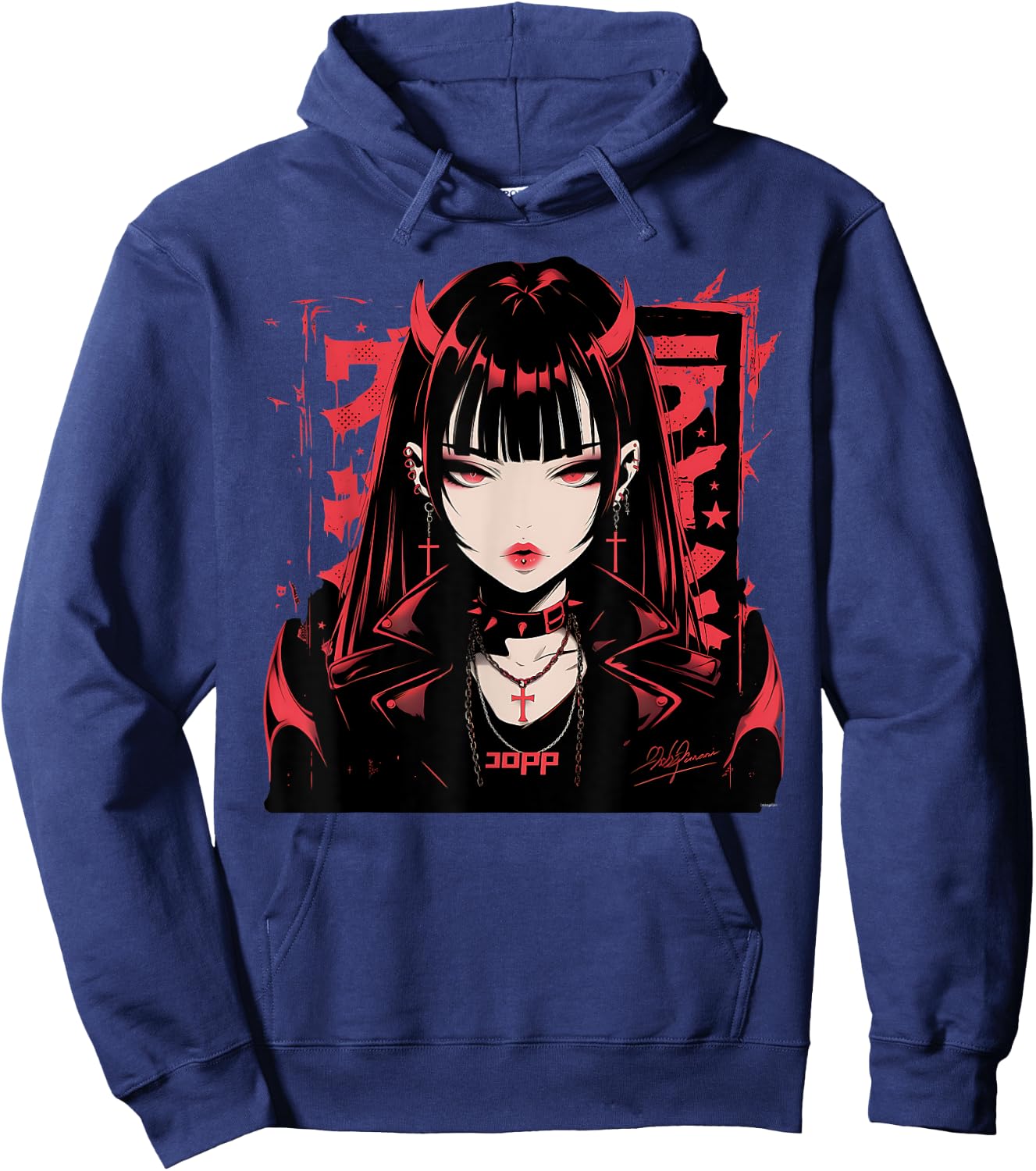Goth Grunge Demon Anime Girl Waifu Horror Alt Aesthetic Hoodie - Hoodie | Navy