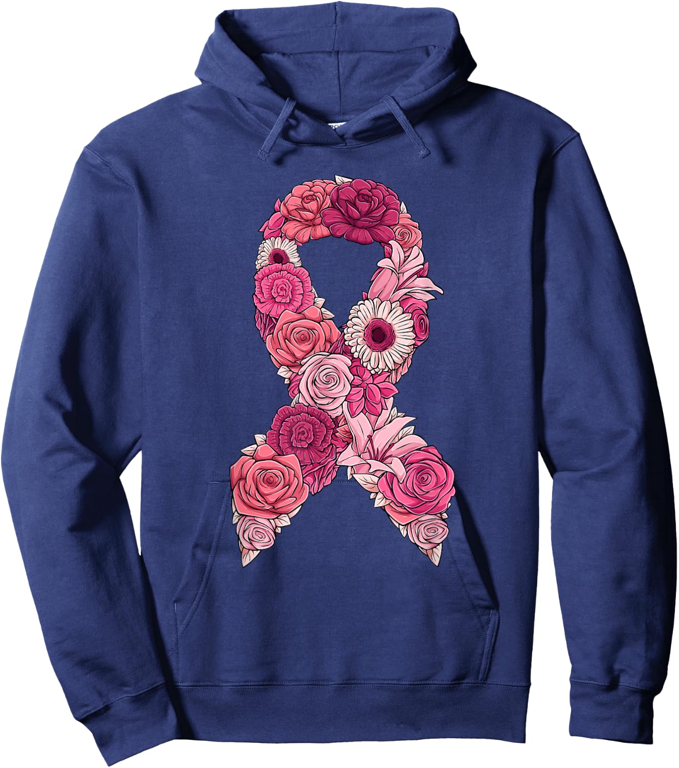 Pink Ribbon With Flowers Breast Cancer Awareness Hoodie - Hoodie | Navy