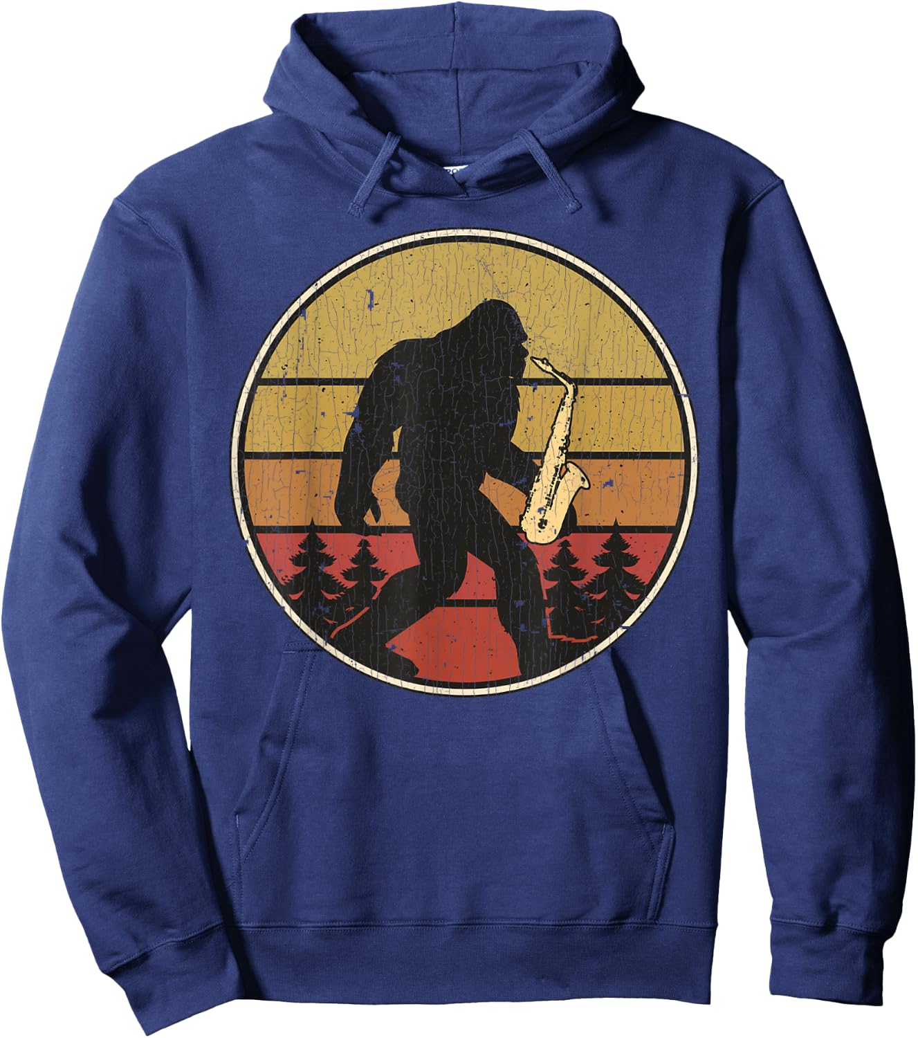 Saxsquatch Funny Bigfoot Saxophone Retro Sun Graphic Hoodie - Hoodie | Navy