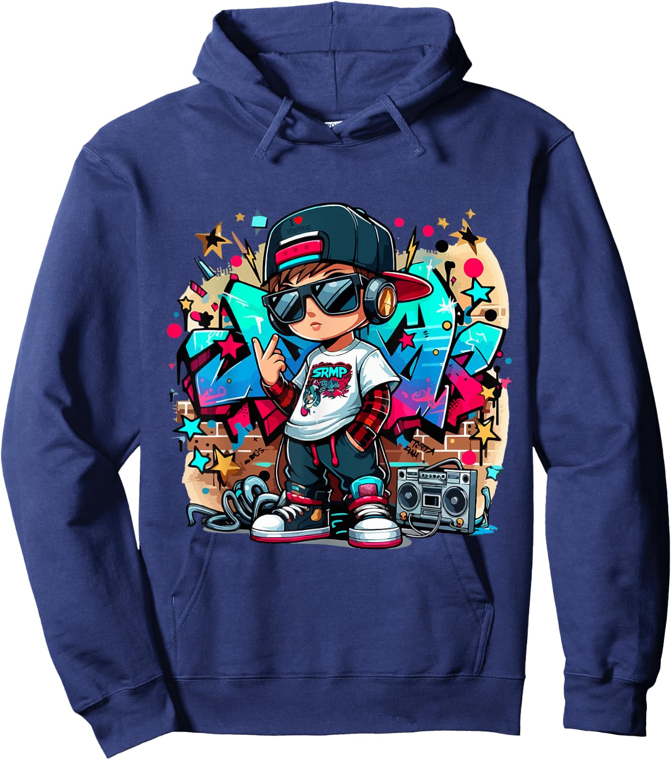 Cool Hip Hop Guy with Graffiti Illustration Graphic Style Hoodie - Hoodie | Navy