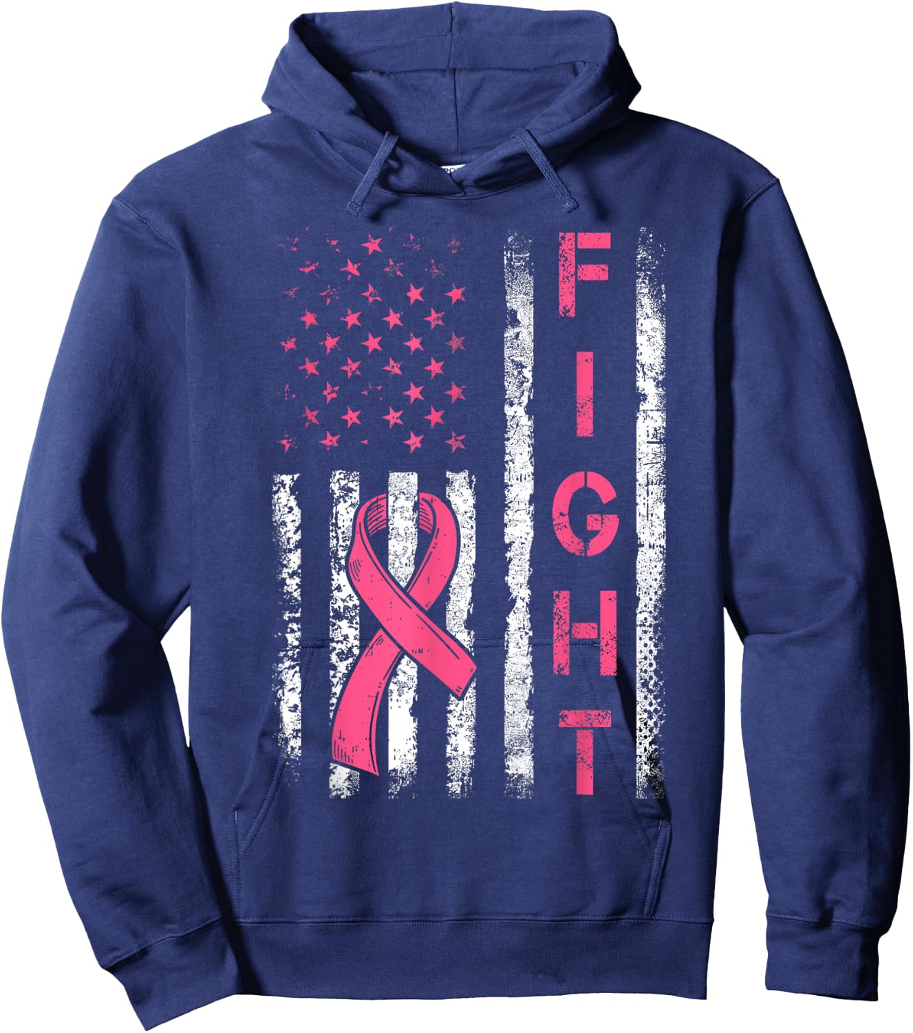 Fight Breast Cancer Awareness Pink Ribbon American Flag Hoodie - Hoodie | Navy