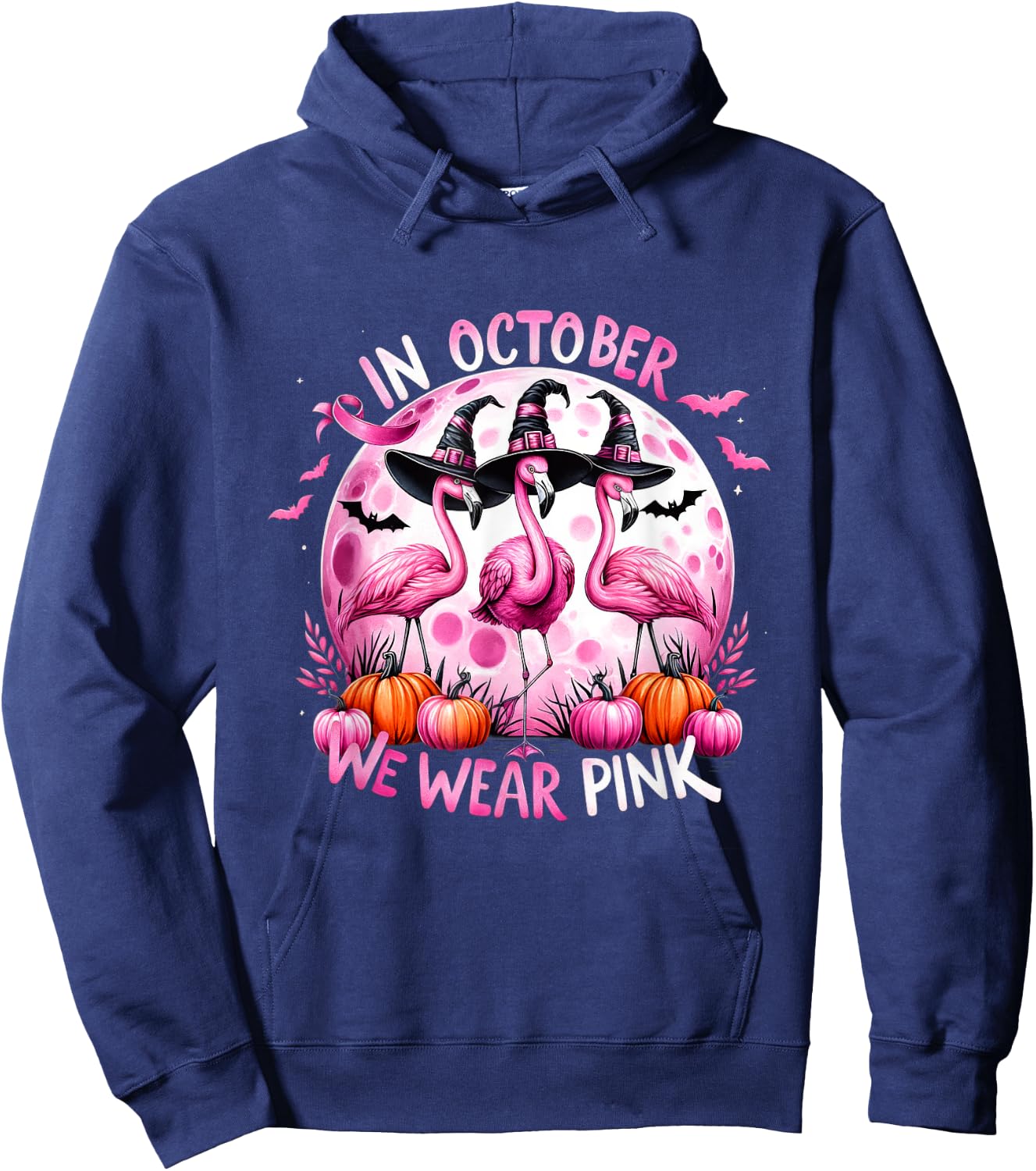 Flamingo In October We Wear Pink Breast Cancer Halloween Hoodie - Hoodie | Navy