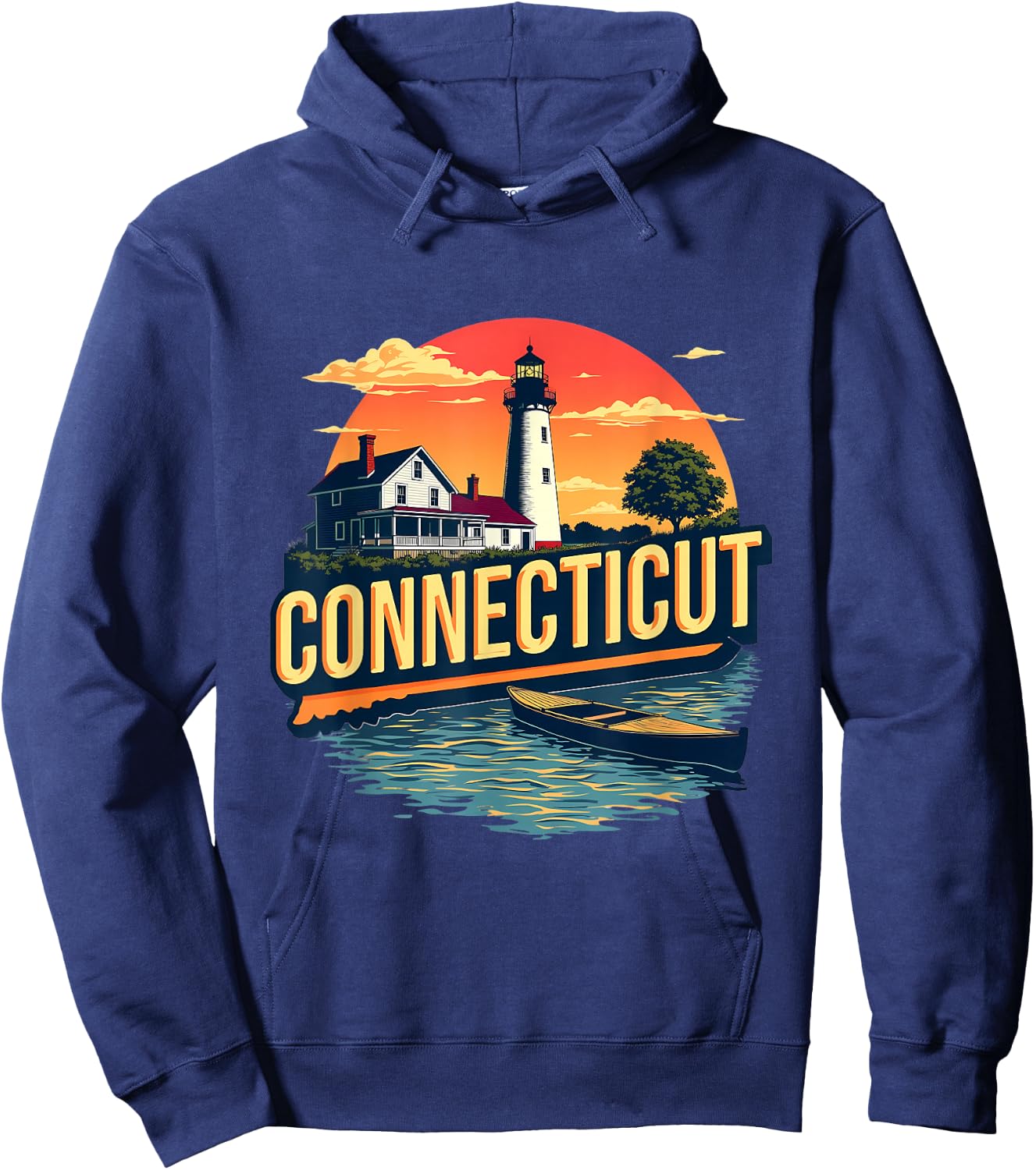 Connecticut Vintage Lighthouse Coastal Sunset Scenic Hoodie - Hoodie | Navy