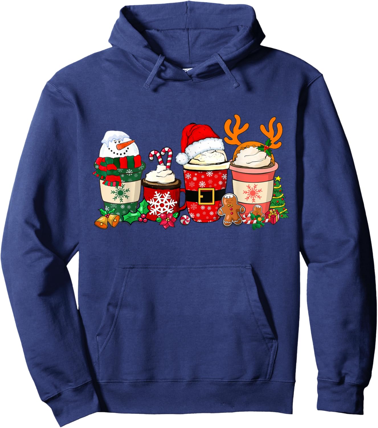 Cute Christmas Coffee Shirt Snowman Deer Santa Coffee Xmas Hoodie - Hoodie | Navy