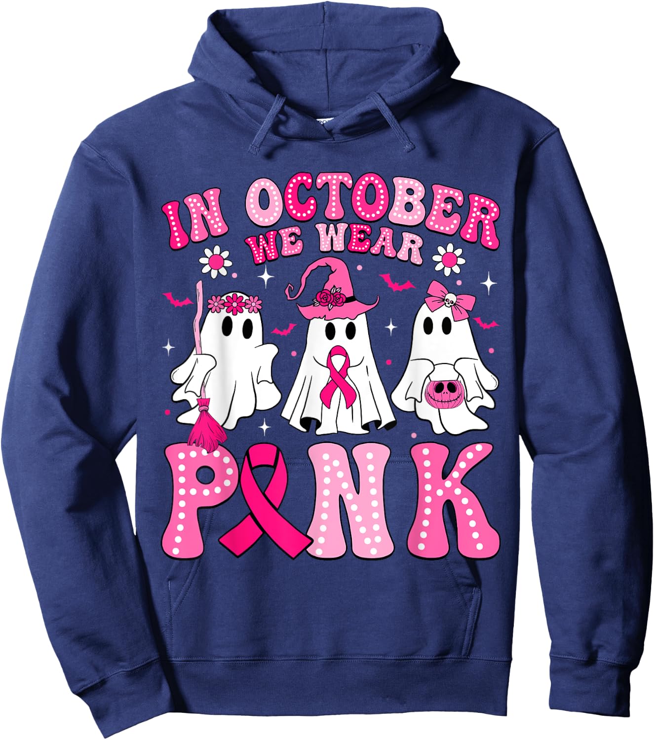 In October We Wear Pink Halloween Ghost Breast Cancer Women Hoodie - Hoodie | Navy