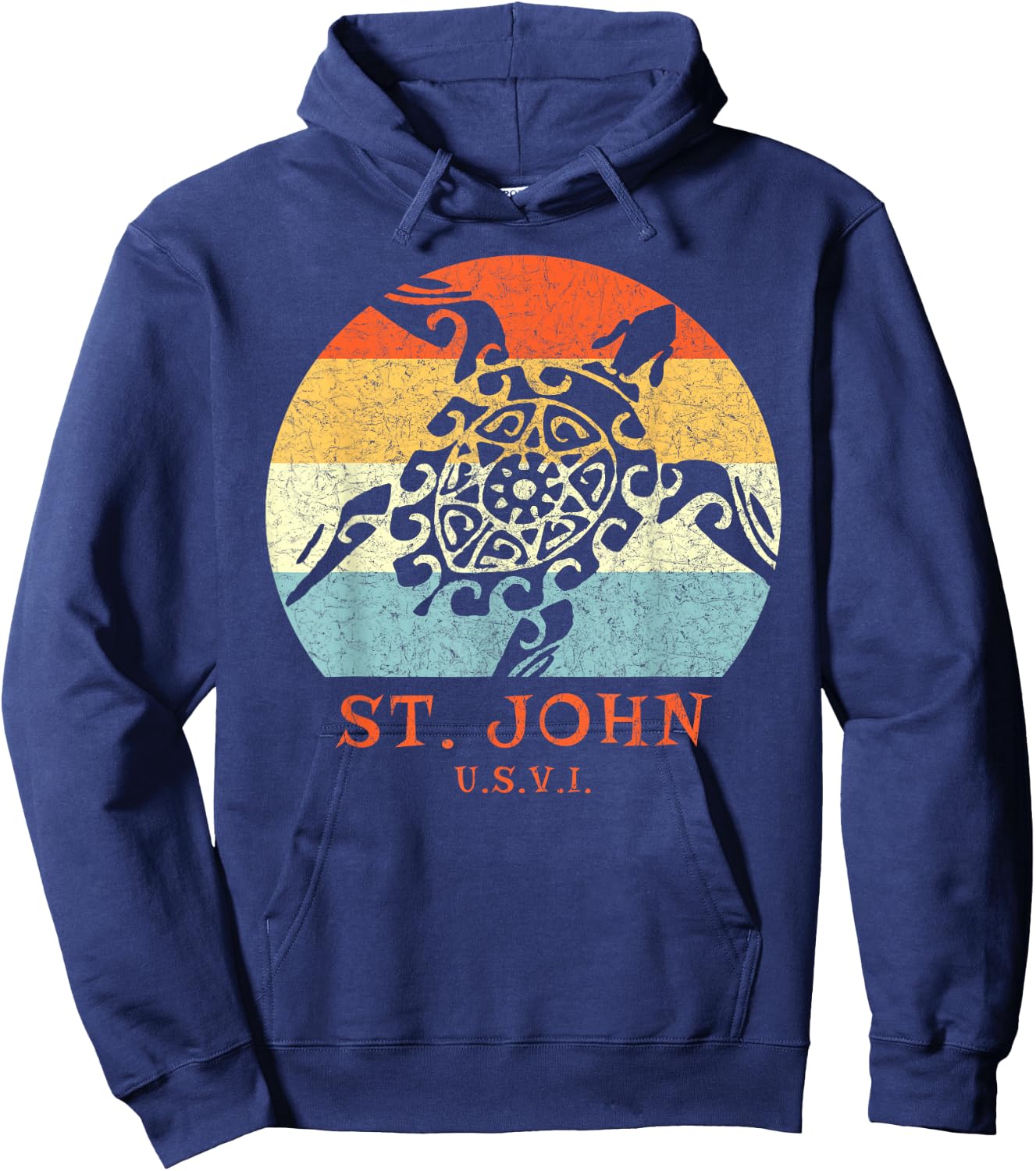 St. John USVI Vintage Retro Tribal Turtle Vacation Hoodie - Hoodie | Navy