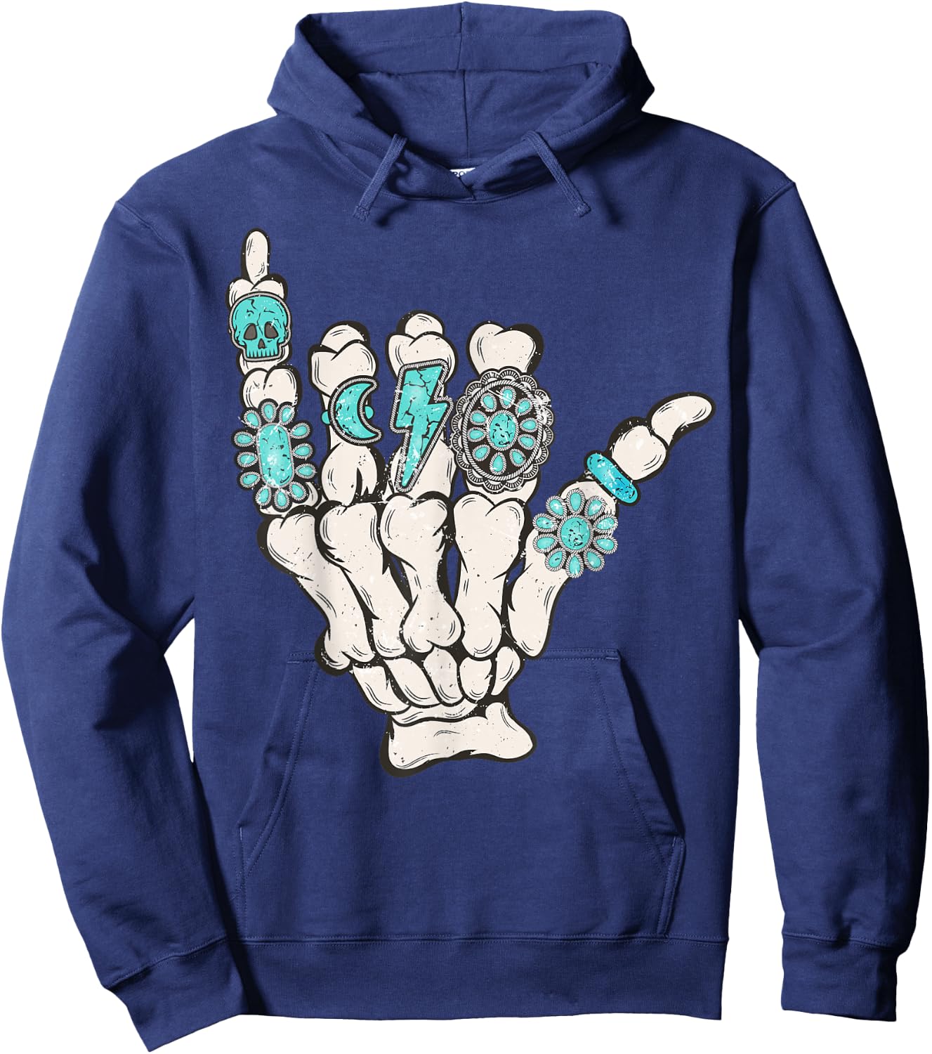 Skeleton Turquoise Hand Western Rodeo Cowboy Cowgirl Hoodie - Hoodie | Navy