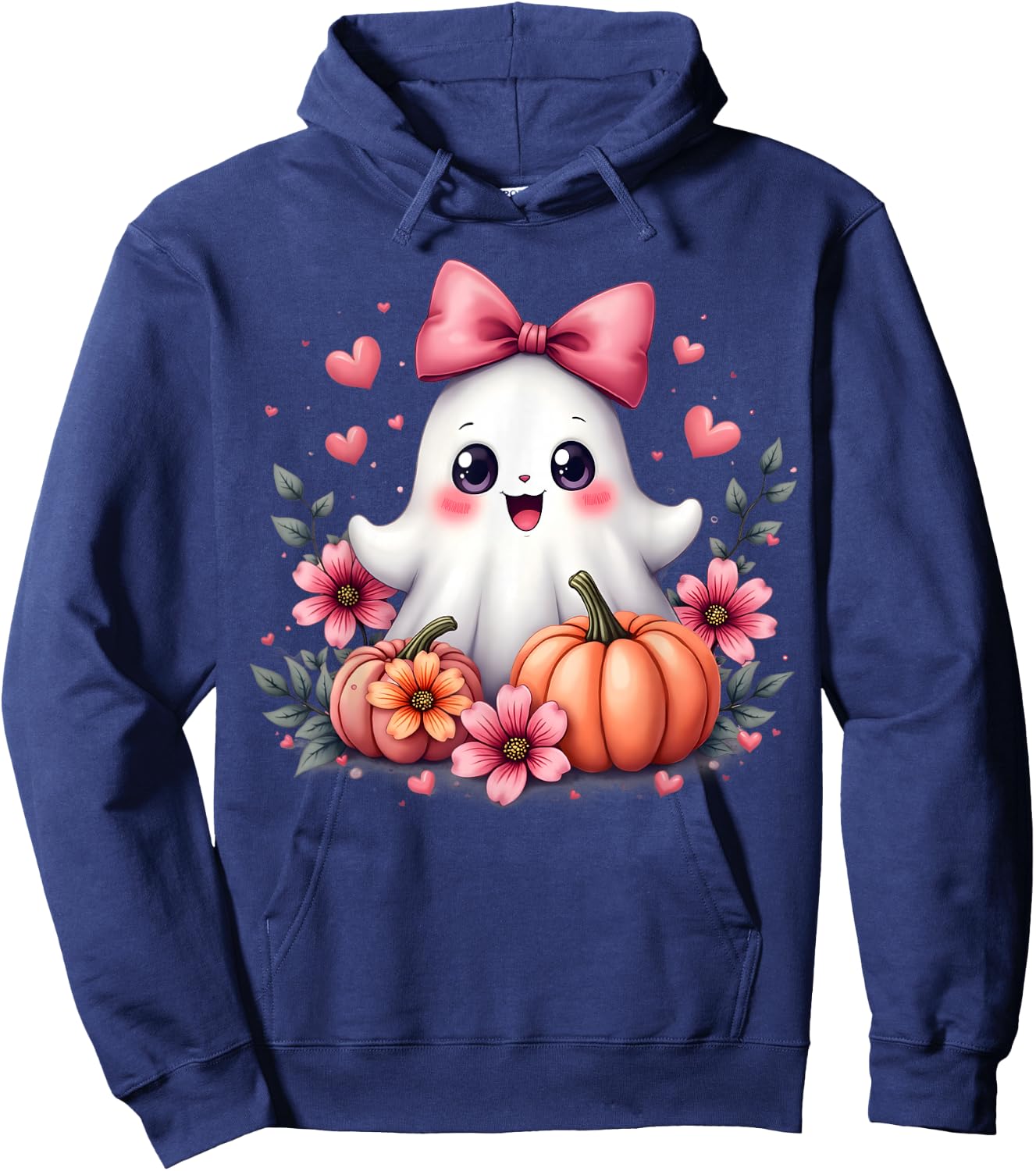 Cute Kawaii Ghost with Pink Bow Halloween Pumpkin Flowers Hoodie - Hoodie | Navy