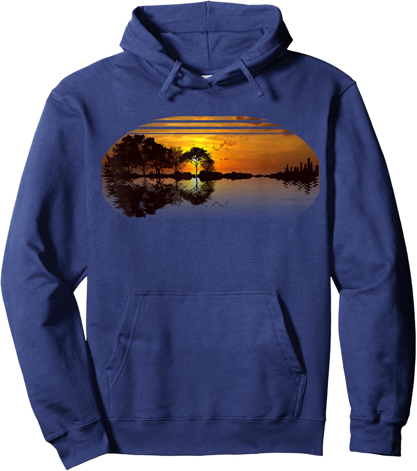 Guitar Sunset Sky Trees City Lake Reflection Stylish Design Hoodie - Hoodie | Navy