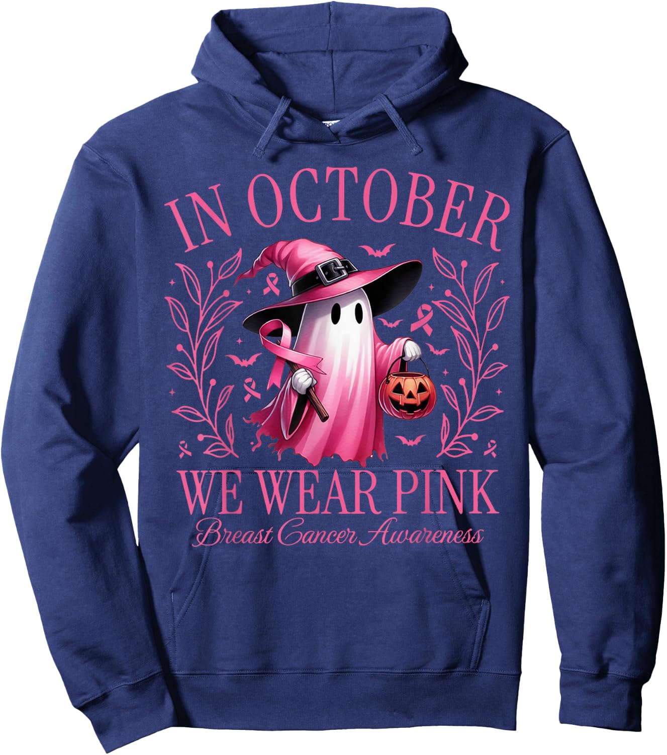 In October We Wear Pink Ghost Witch Breast Cancer Awareness Hoodie - Hoodie | Navy