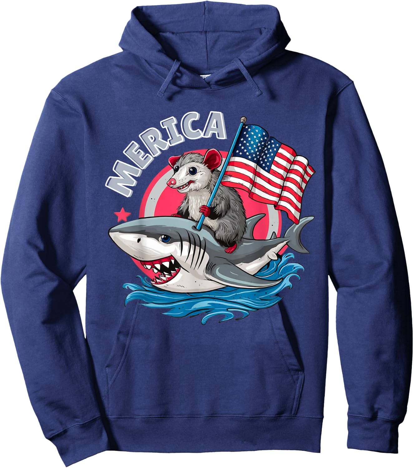 Funny Opossum Riding Shark American Flag USA 4th of July Hoodie - Hoodie | Navy