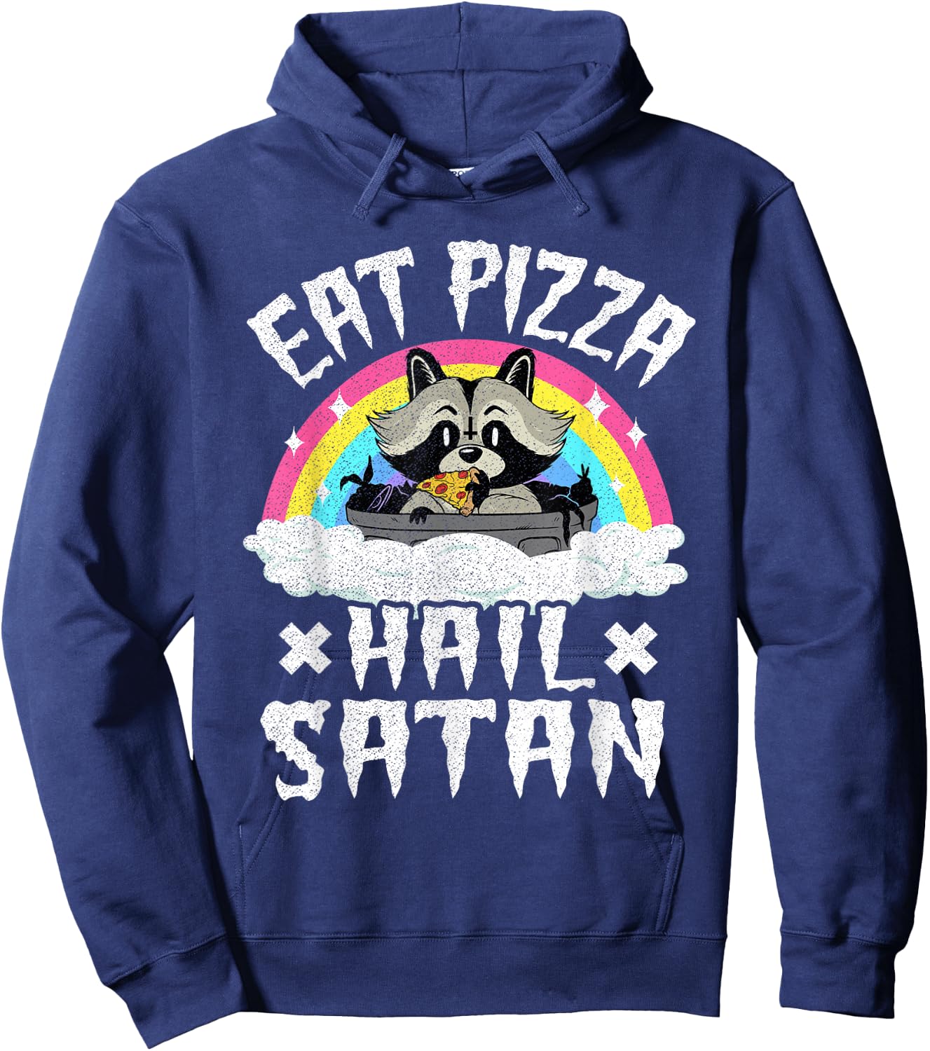 Eat Pizza Hail Satan Raccoon Punk Band Death Metal Rainbow Hoodie - Hoodie | Navy