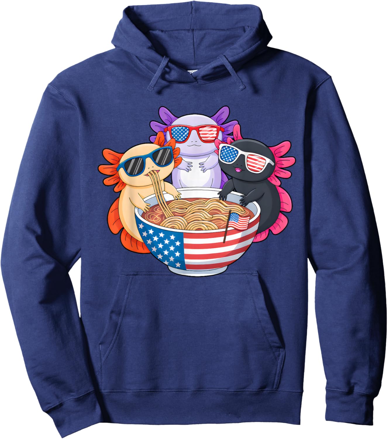 Axolotl Ramen Anime American Flag USA Funny 4th Of July Hoodie - Hoodie | Navy