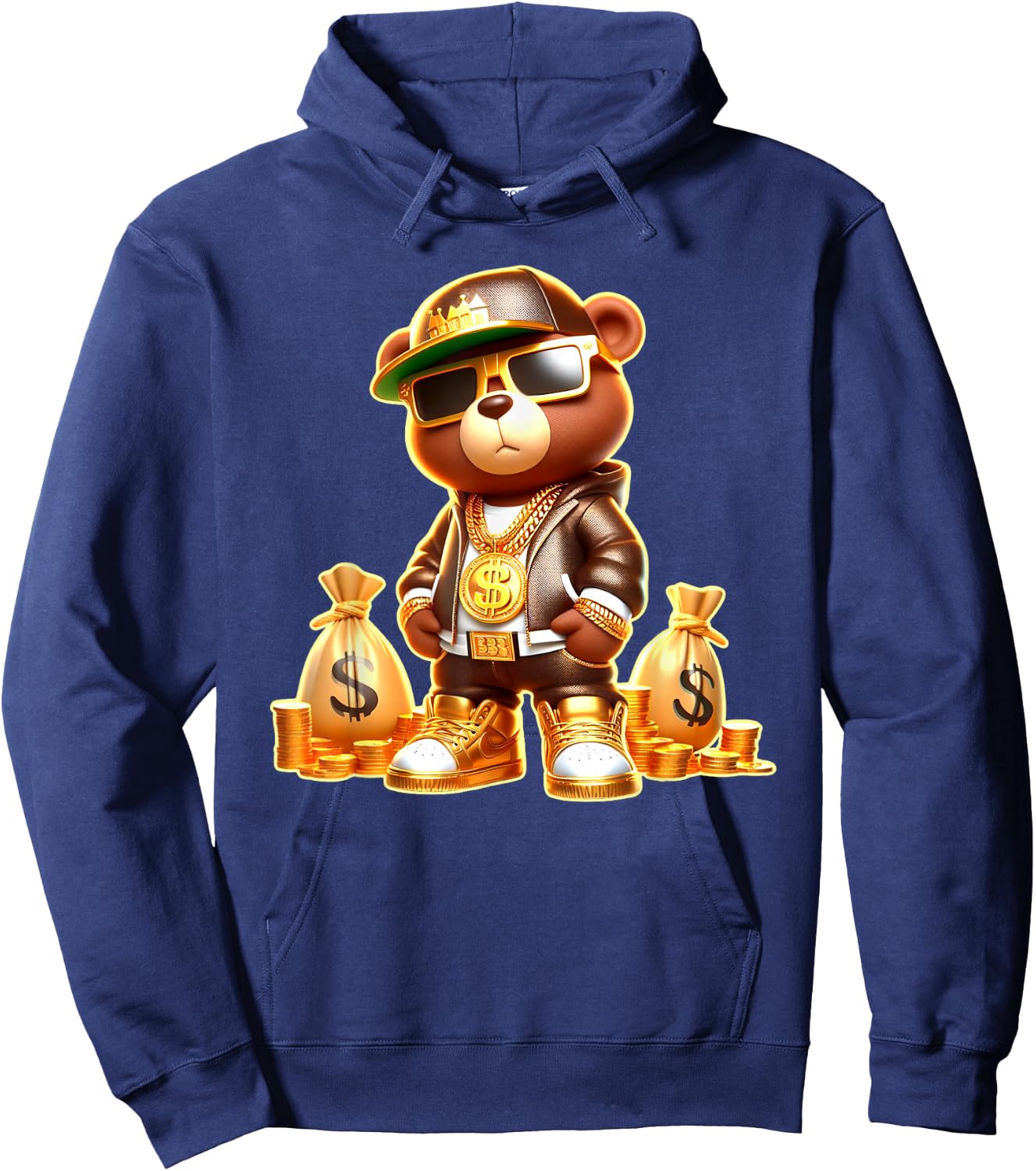 Golden Teddy Bear Boss Money Bags Golden Coins & Chain Hoodie - Hoodie | Navy