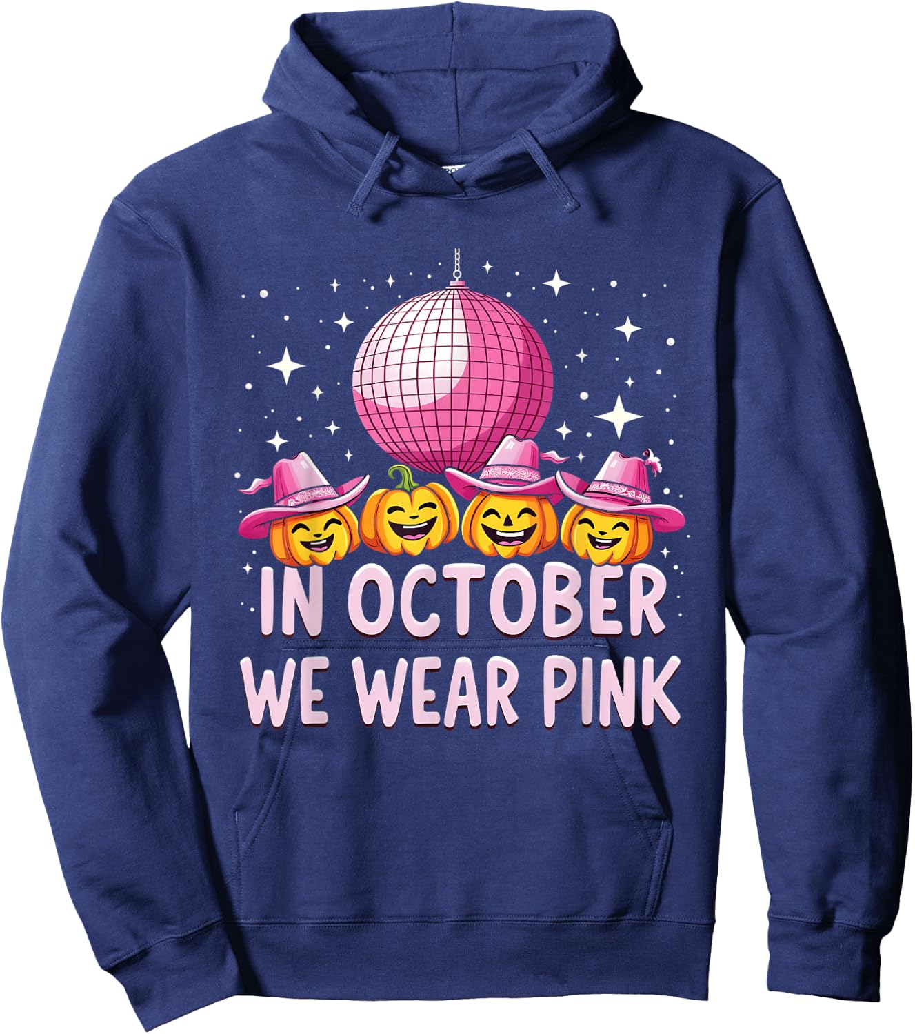 In October We Wear Pink Breast Cancer Pumpkin Cowgirl Wester Hoodie - Hoodie | Navy
