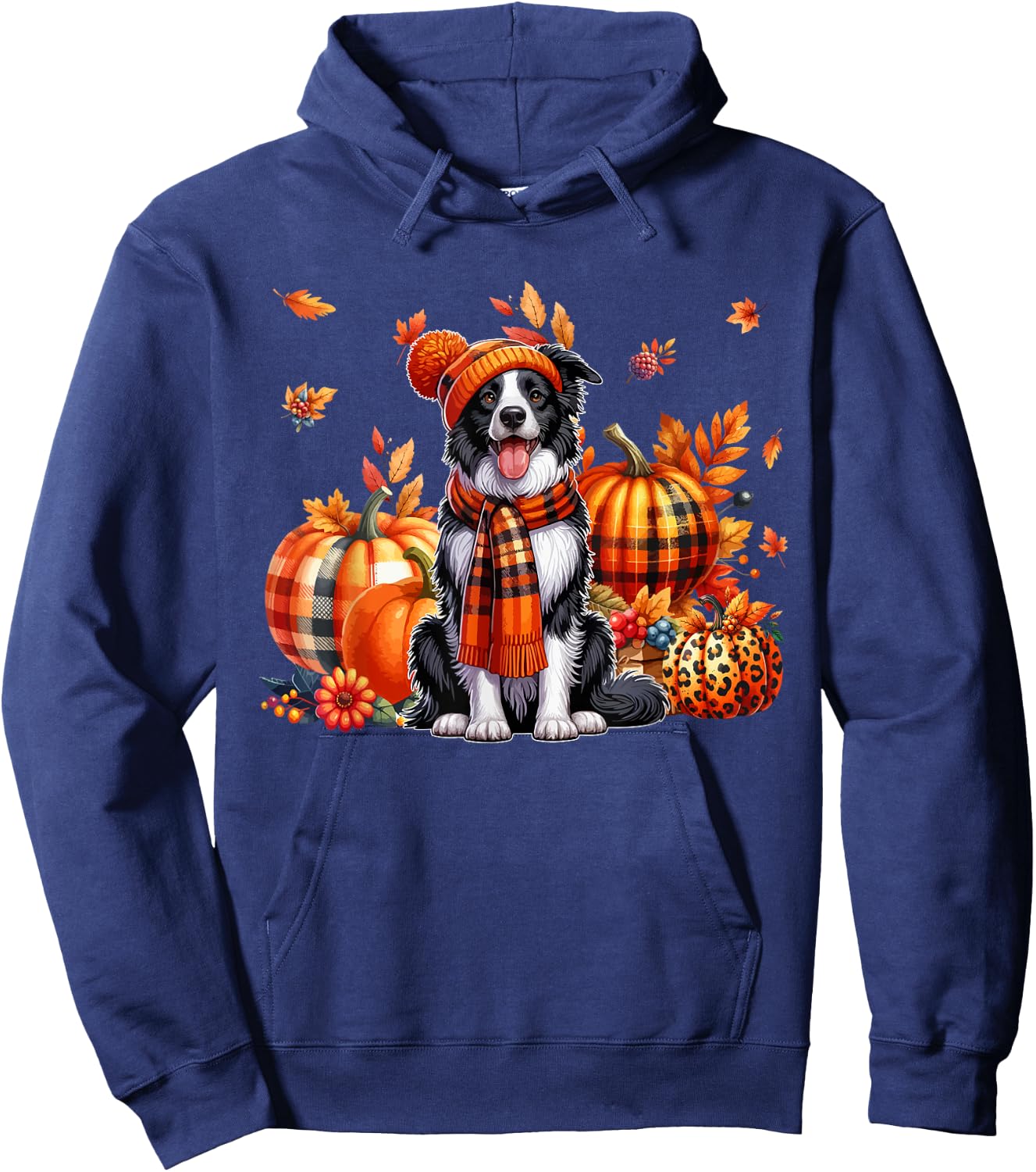 Border Collie Thanksgiving Leopard Pumpkins Fall Leaves Hoodie - Hoodie | Navy