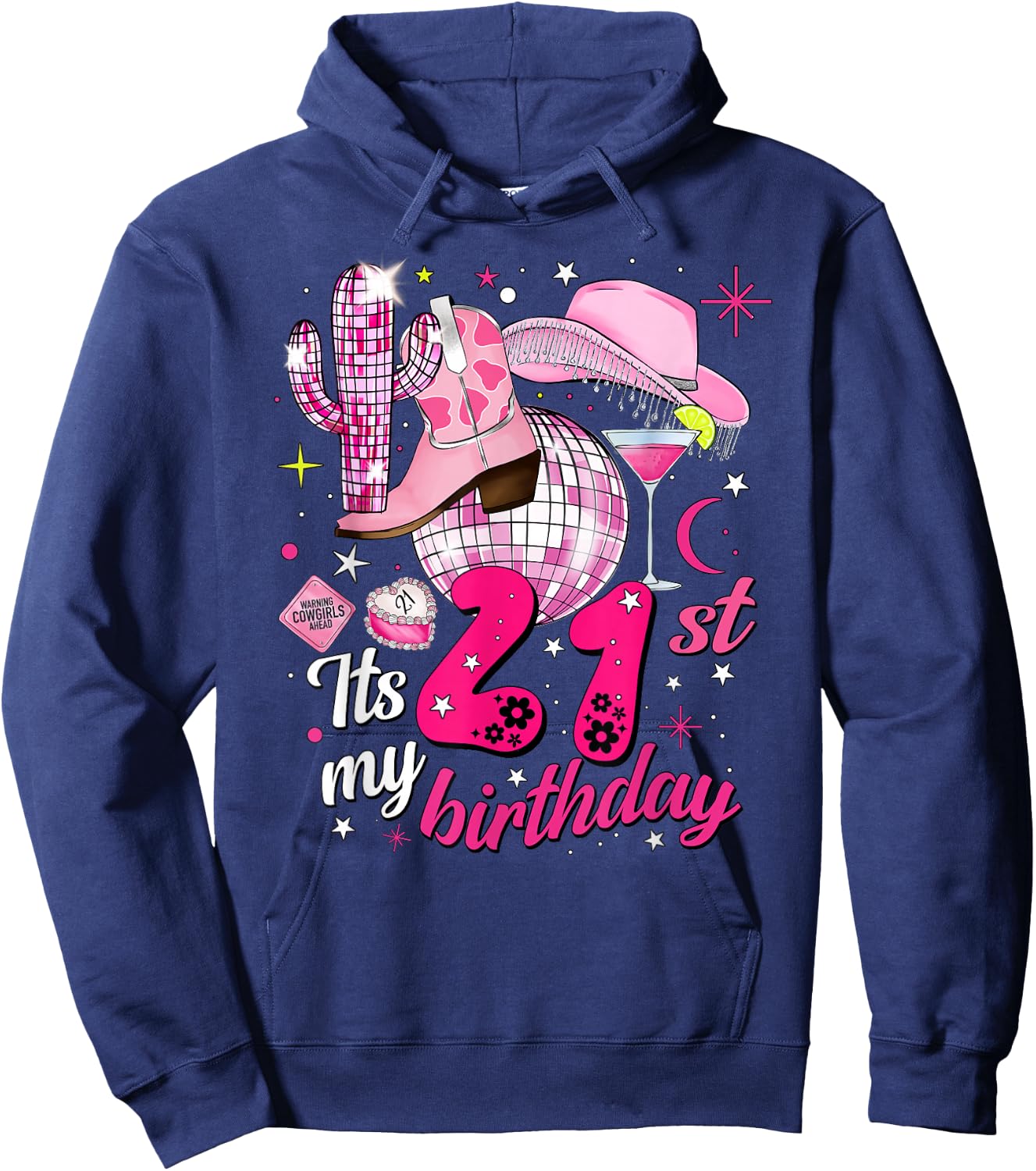 Howdy Cowboy Hat Pink Boots Disco Ball 21st Birthday Hoodie - Hoodie | Navy