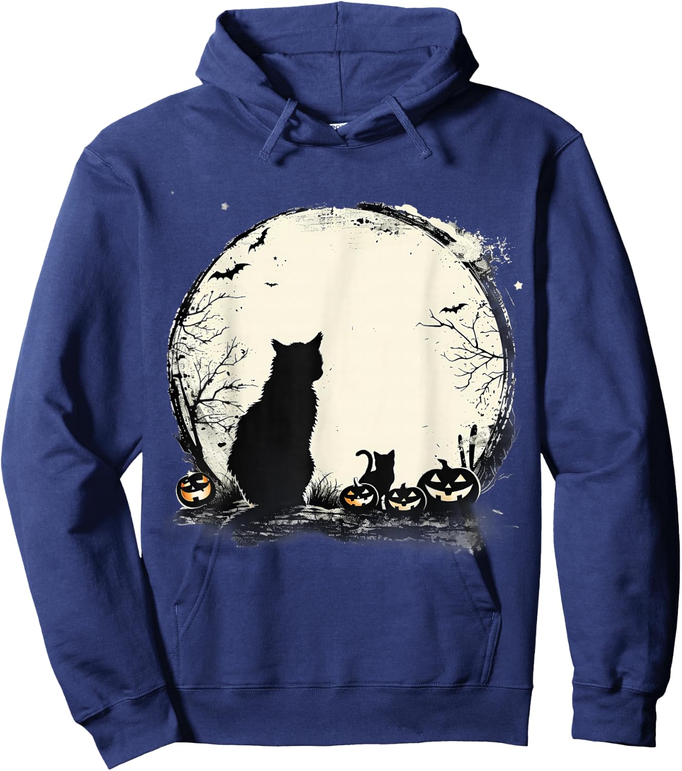 Black Cat Halloween Spooky Moon Artwork Pumpkin Bats Hoodie - Hoodie | Navy