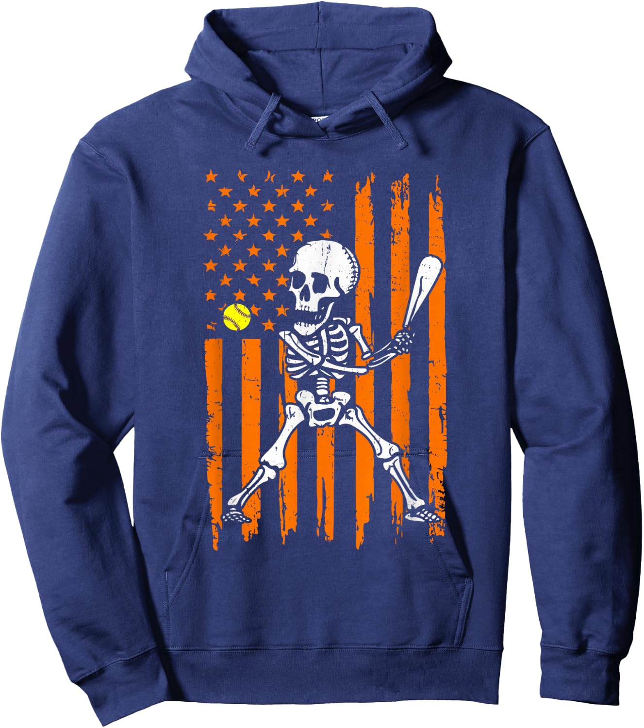 Retro Skeleton Playing Softball USA Flag Halloween Boys Kids Hoodie - Hoodie | Navy
