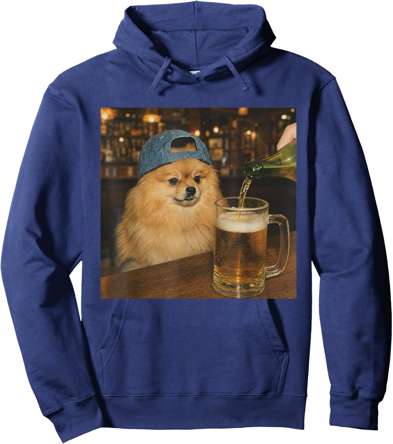 Pomeranian Drinking Beer Shirt Funny Dog Meme Art Vintage Hoodie - Hoodie | Navy