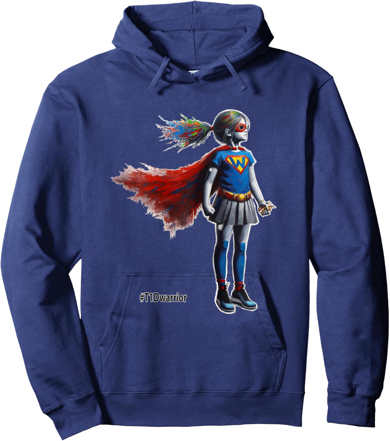 Type 1 Diabetes Superhero Wears CGM and Insulin Pump, T1D Hoodie - Hoodie | Navy