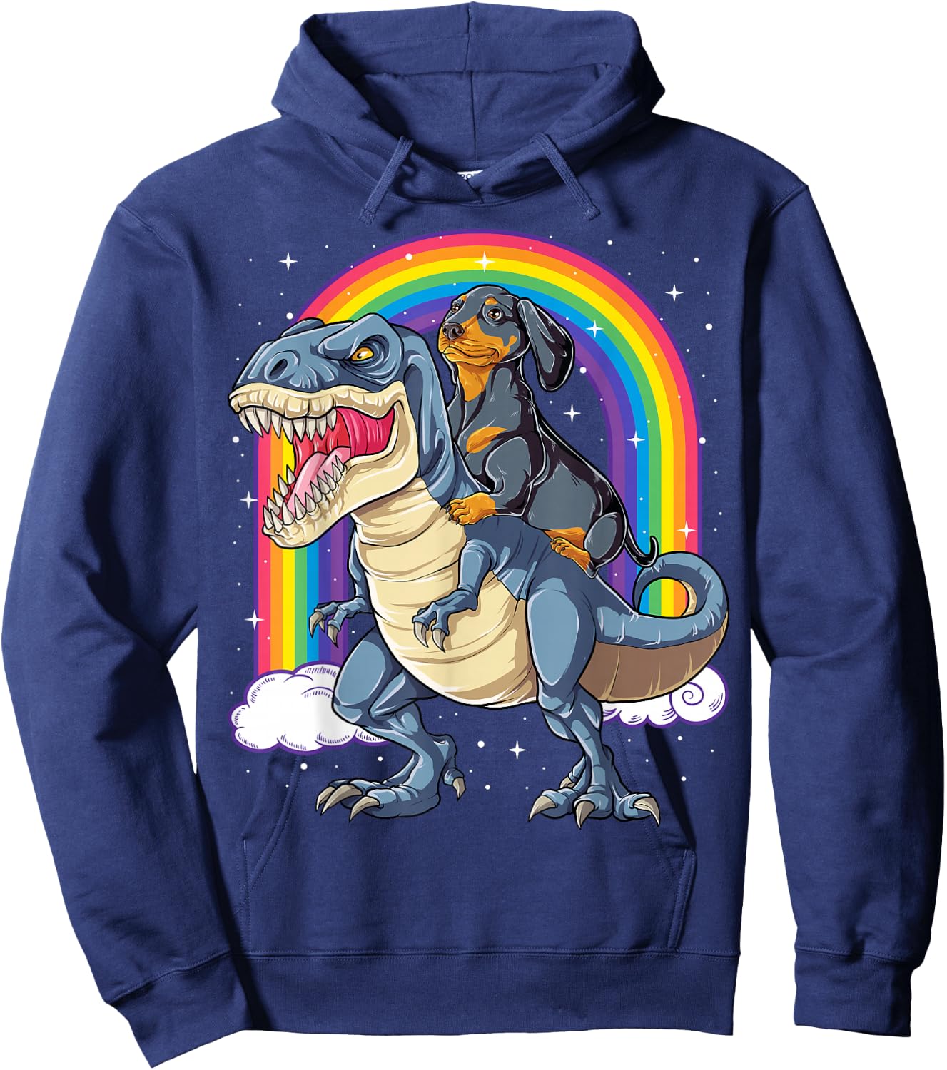 Dachshund Riding Dinosaur T-rex Boys Girls Rainbow Men Women Hoodie - Hoodie | Navy