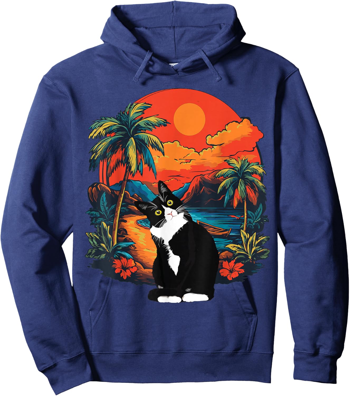 Hawaiian Tropical Tuxedo Cat Mom Dad Gift Animal Lovers Hoodie - Hoodie | Navy