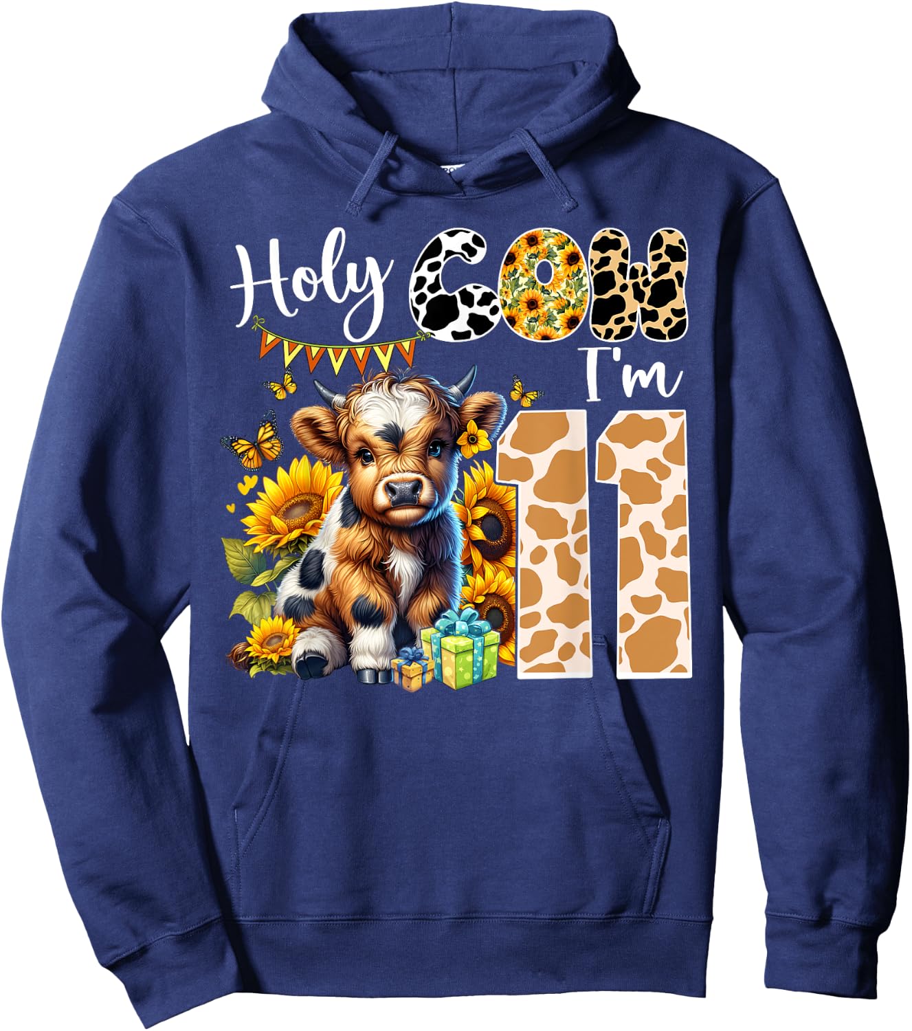 Holy Cow I’m 11 Years Old Dairy Cow Sunflowers 11th Birthday Hoodie - Hoodie | Navy