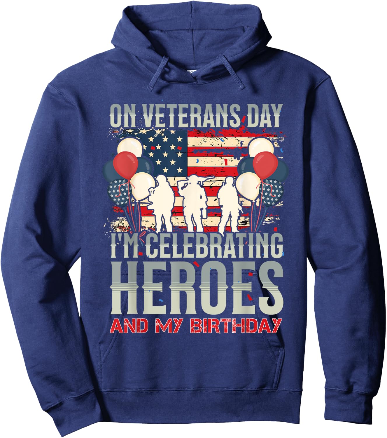 American Flag Veterans Day Birthday Apparel ON VETERANS DAY, I CELEBRATE HEROES AND MY BIRTHDAY -Adults & Kids Black Small Modern Short Sleeve Hoodie - Hoodie | Navy