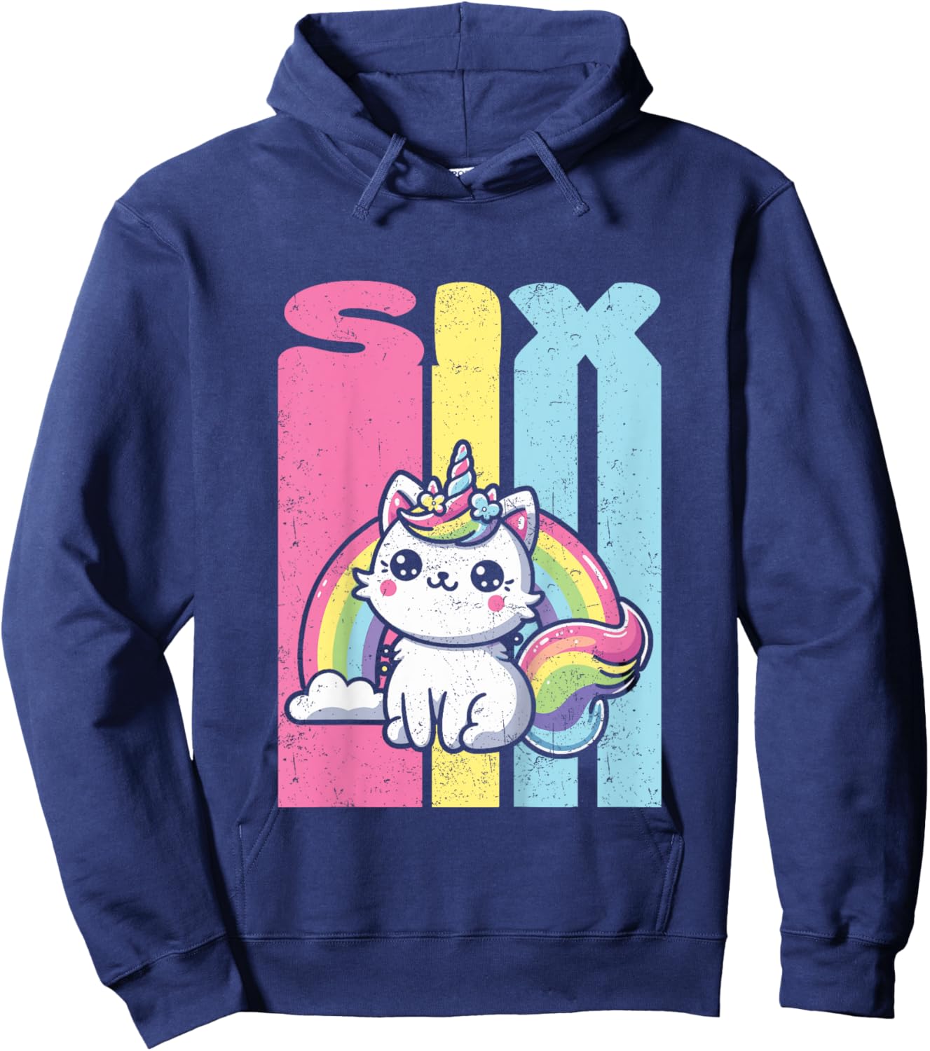 Kids Six 6th Birthday Caticorn Cat Unicorn Rainbow Grunge Hoodie - Hoodie | Navy