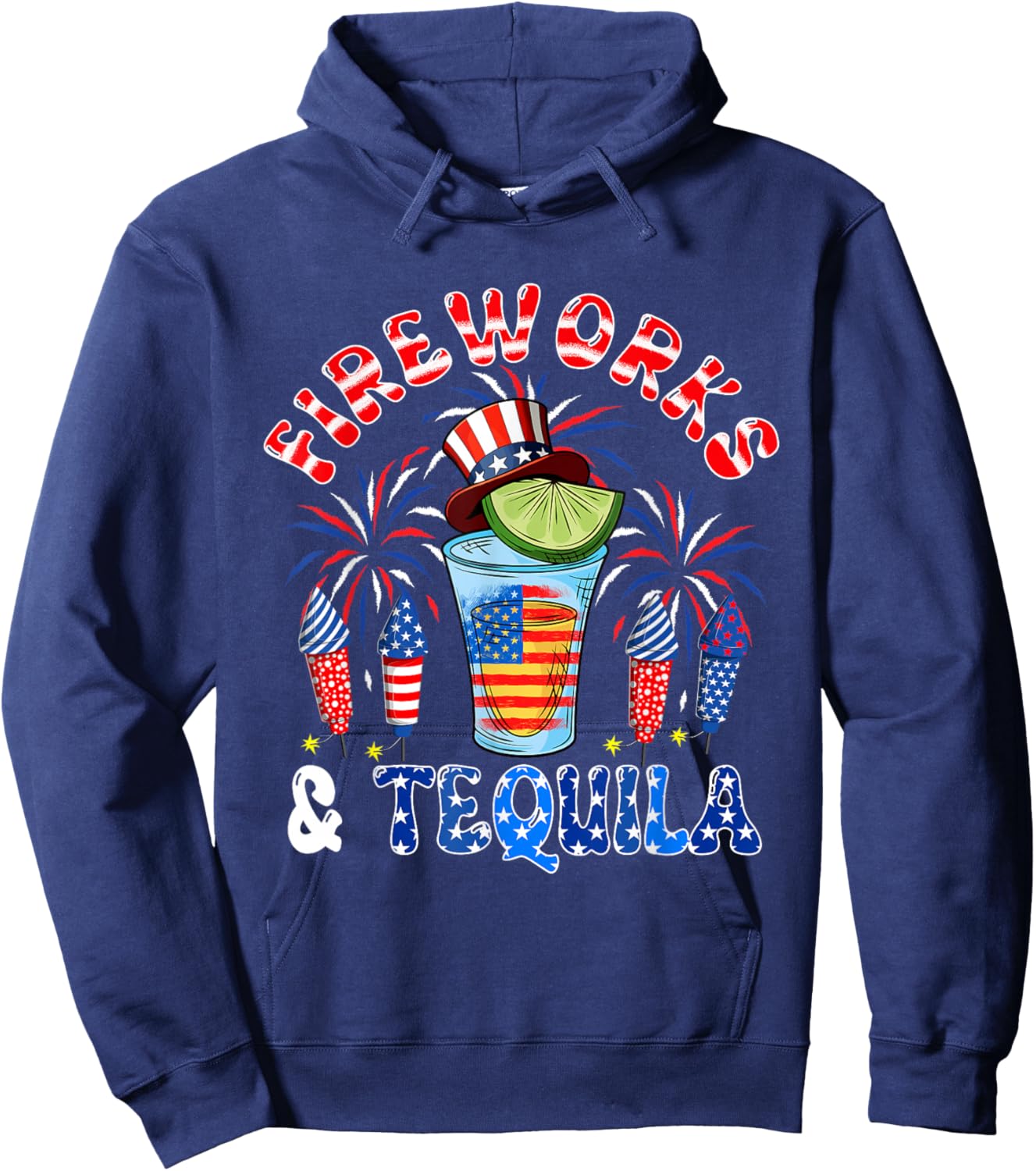 Fireworks And Tequila 4th Of July US Flag Fireworks Dinker Hoodie - Hoodie | Navy