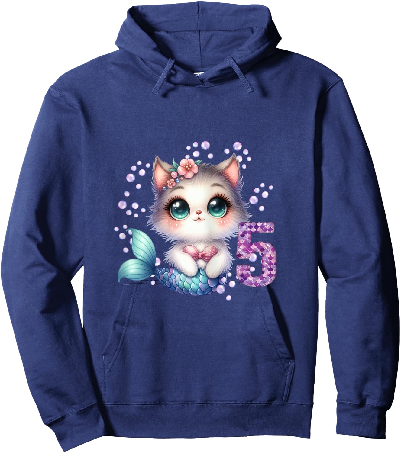 Cat Mermaid 5th Birthday 5 Year Old Party Girls Outfit Hoodie - Hoodie | Navy