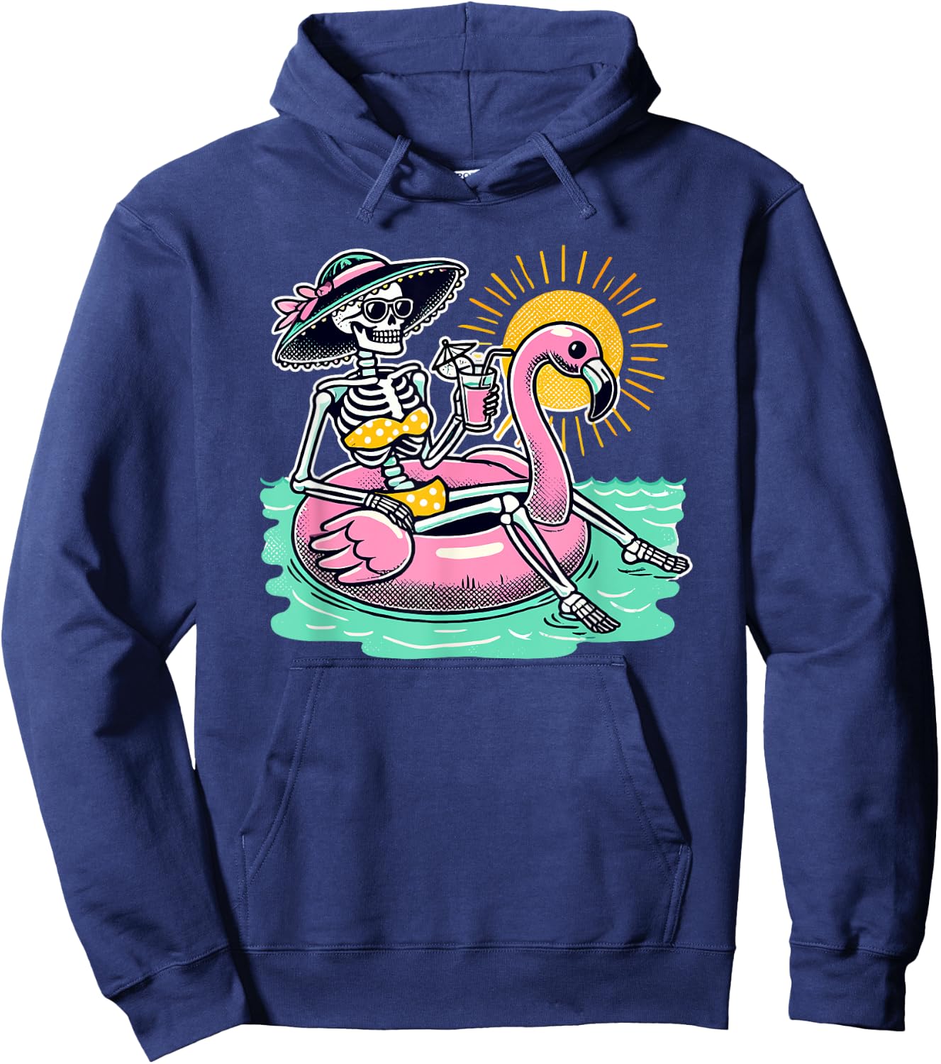 Retro Summer Skeleton Flamingo Float Vacation Beach Drink Men Women Hoodie - Hoodie | Navy