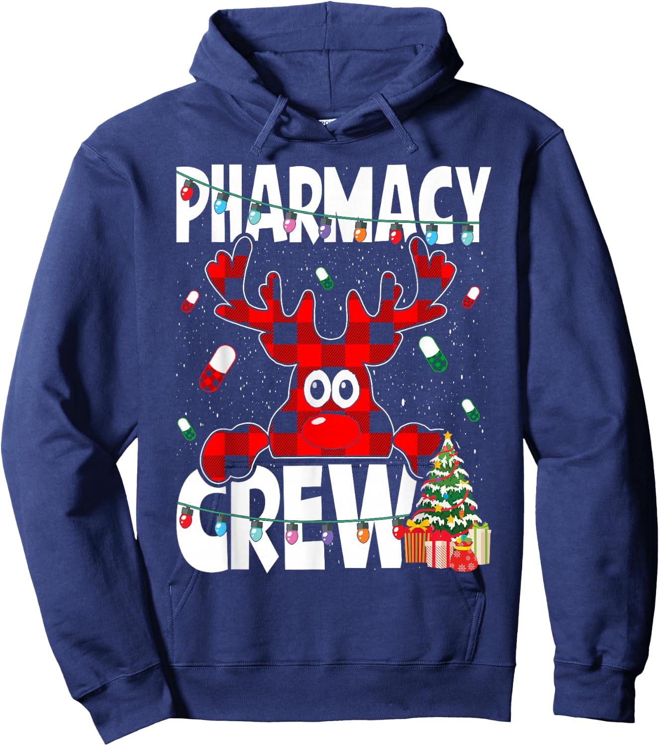 Funny Red Plaid Reindeer Pharmacy Crew Christmas Hoodie - Hoodie | Navy