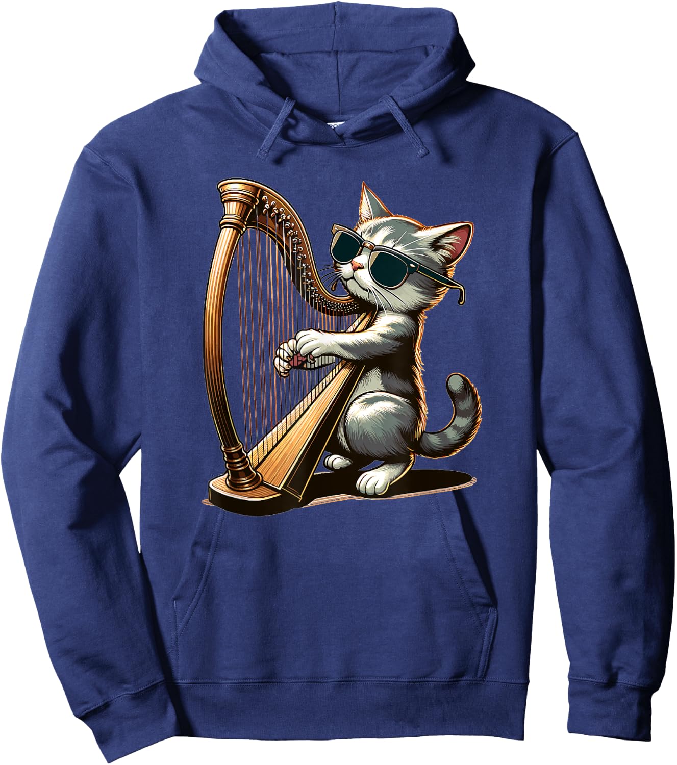 Musician Harpist Cat Wearing Sunglasses Cat Playing Harp Women Kids Hoodie - Hoodie | Navy