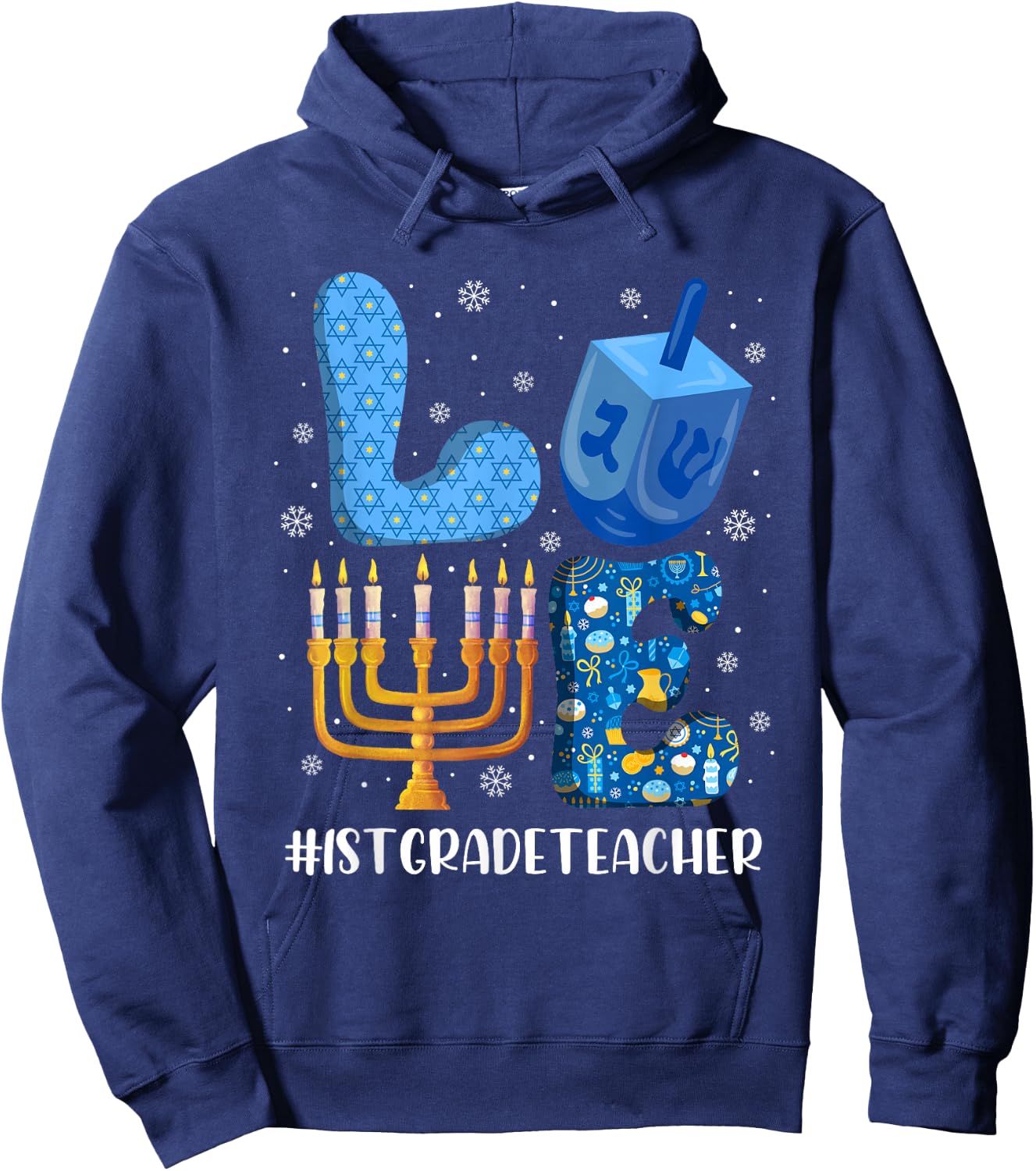 LOVE 1st Grade Teacher Christmas Hanukkah Jewish Holiday Hoodie - Hoodie | Navy