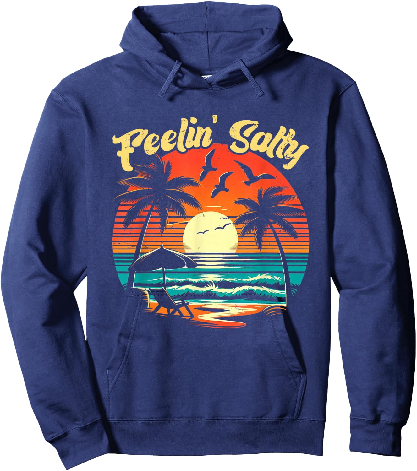 Feelin Salty Beach Summer Vacation Vintage 70's Retro Sunset Hoodie - Hoodie | Navy