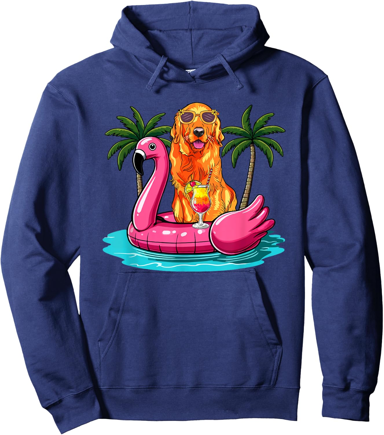 Golden Retriever Sunglasses On Flamingo Cute Float Lover Hoodie - Hoodie | Navy