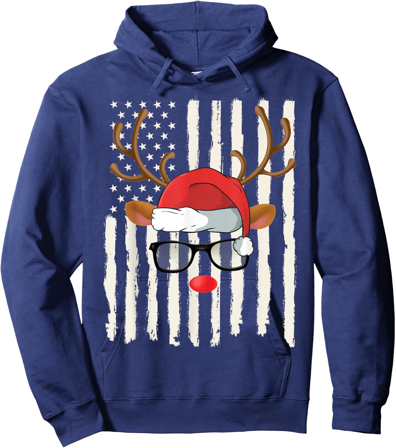 Cute Reindeer Santa Hat Glasses American Flag Christmas Hoodie - Hoodie | Navy
