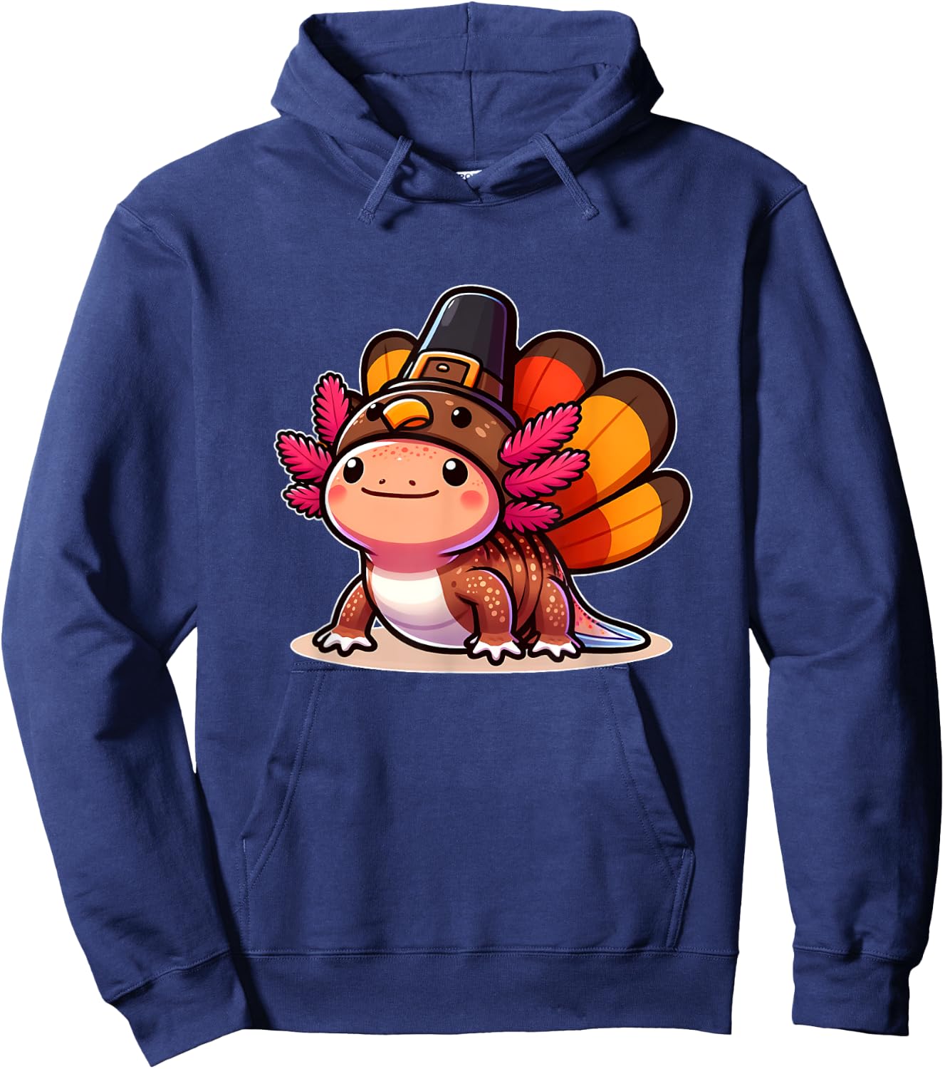 Funny Thanksgiving Shirts by Merch4life Pilgrim Axolotl in Turkey Disguise Kids Black Small Modern Cartoon Turtleneck Short Sleeve Thanksgiving Pet Costume Hoodie - Hoodie | Navy