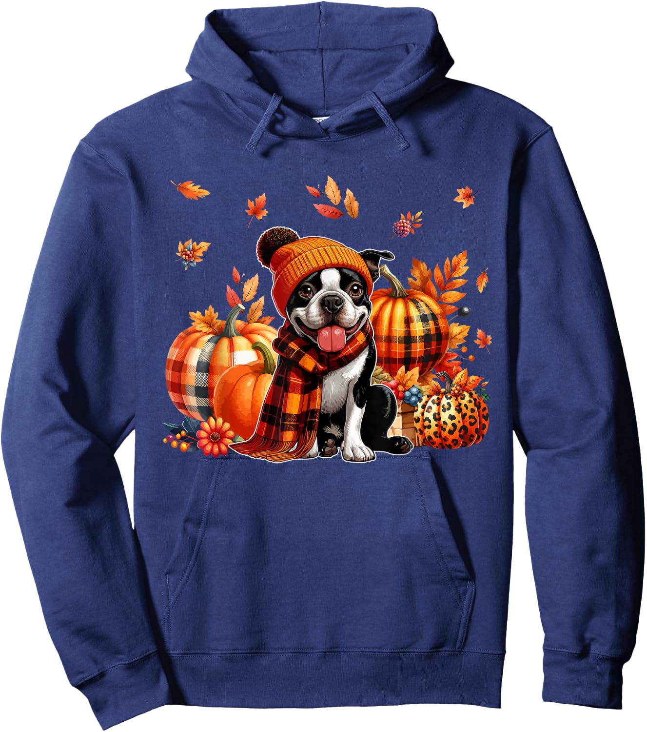 Boston Terrier Thanksgiving Leopard Pumpkins Fall Leaves Hoodie - Hoodie | Navy