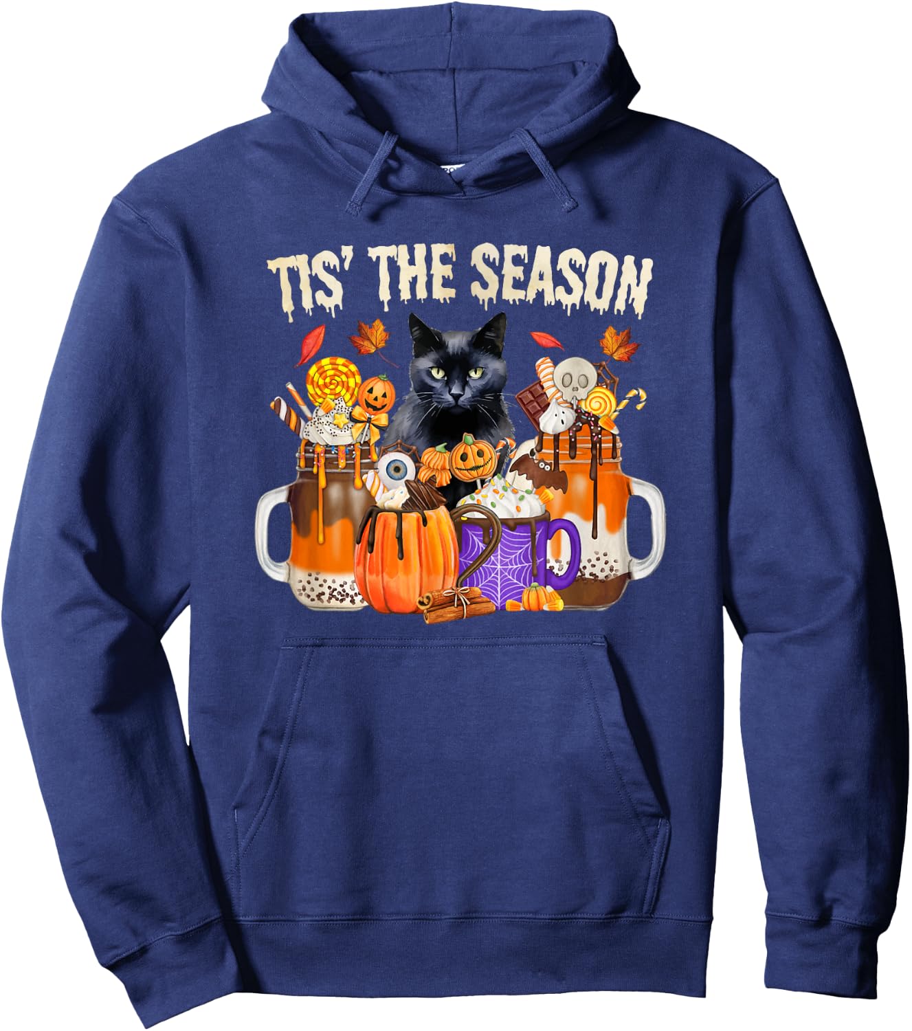 Fall Coffee Pumpkin Spice Latte Autumn Black Cat Hoodie - Hoodie | Navy