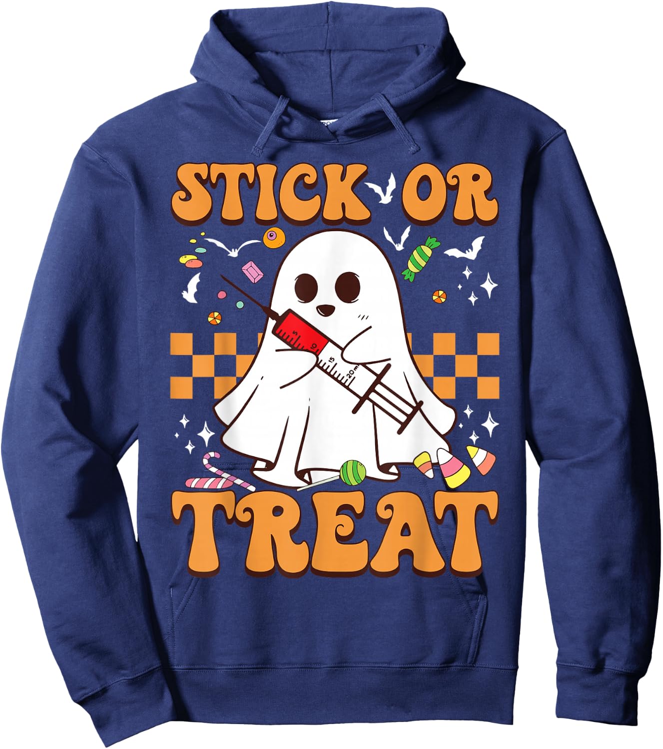 Retro Stick Or Treat Cute Ghost Nurse Phlebotomist Halloween Hoodie - Hoodie | Navy