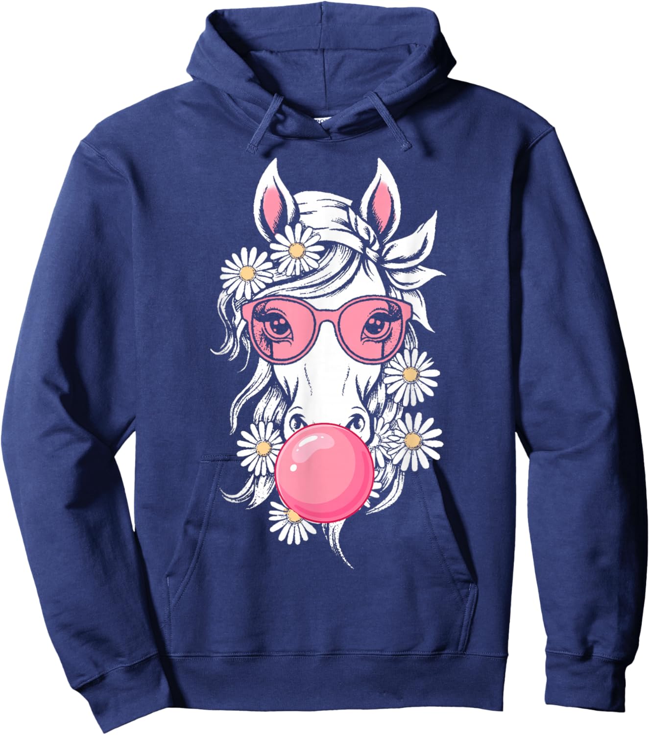 Horse with Pink Bandana and Bubble Gum Graphic Hoodie - Hoodie | Navy