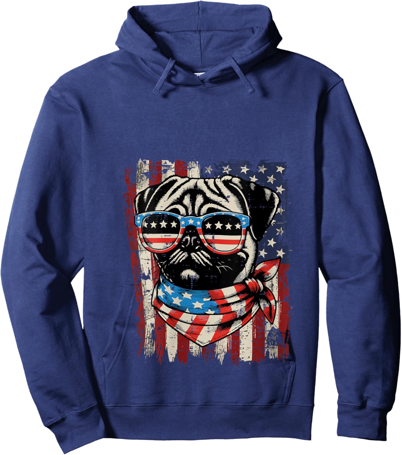 Women's 4th of July Dog Pug USA Flag Cute Patriotic Men Women Kids V-Neck Hoodie - Hoodie | Navy