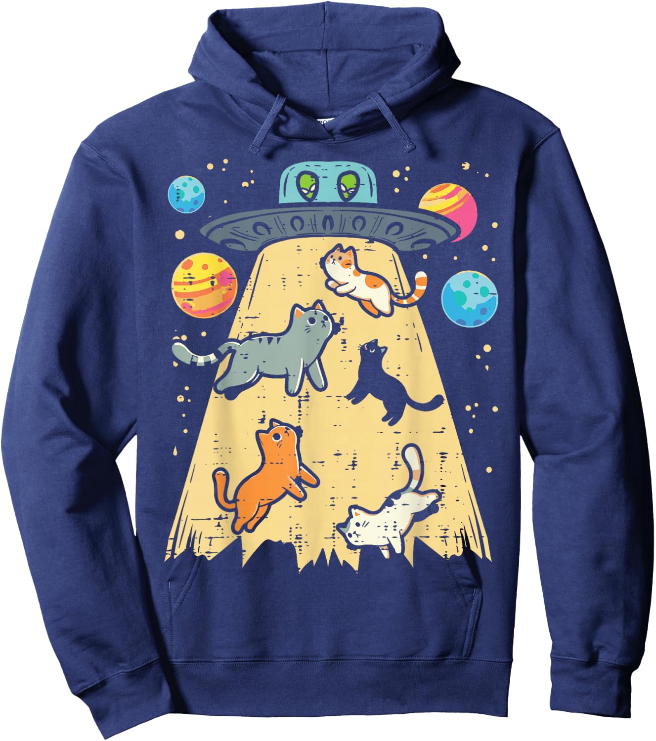Alien Abduction Cats UFO Flying Saucer Space Women Girls Kid Hoodie - Hoodie | Navy